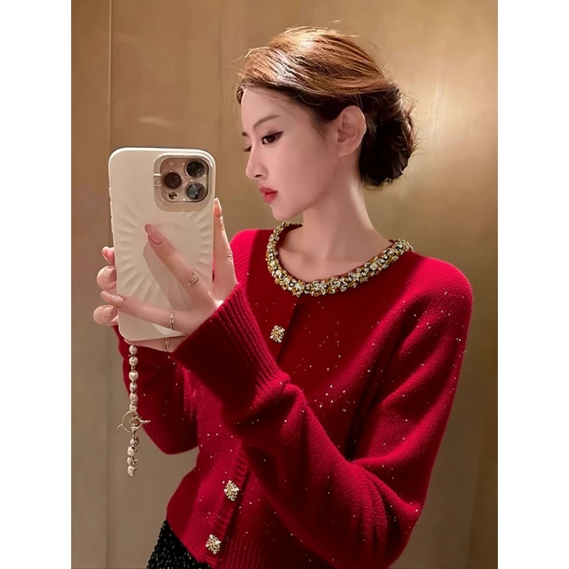 秋冬圣诞穿搭重工镶钻红色毛衣针织开衫女外套设计感修身长袖上衣