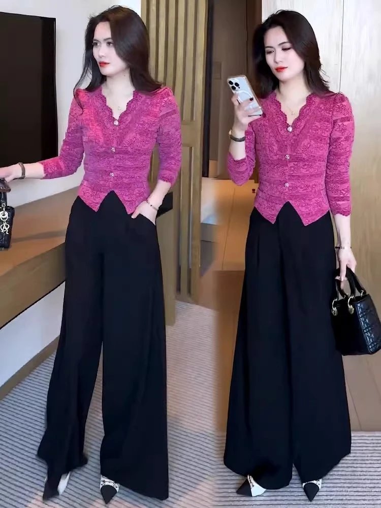 时尚套装女2025秋季新款时髦洋气V领长袖蕾丝衫阔腿裤气质两件套