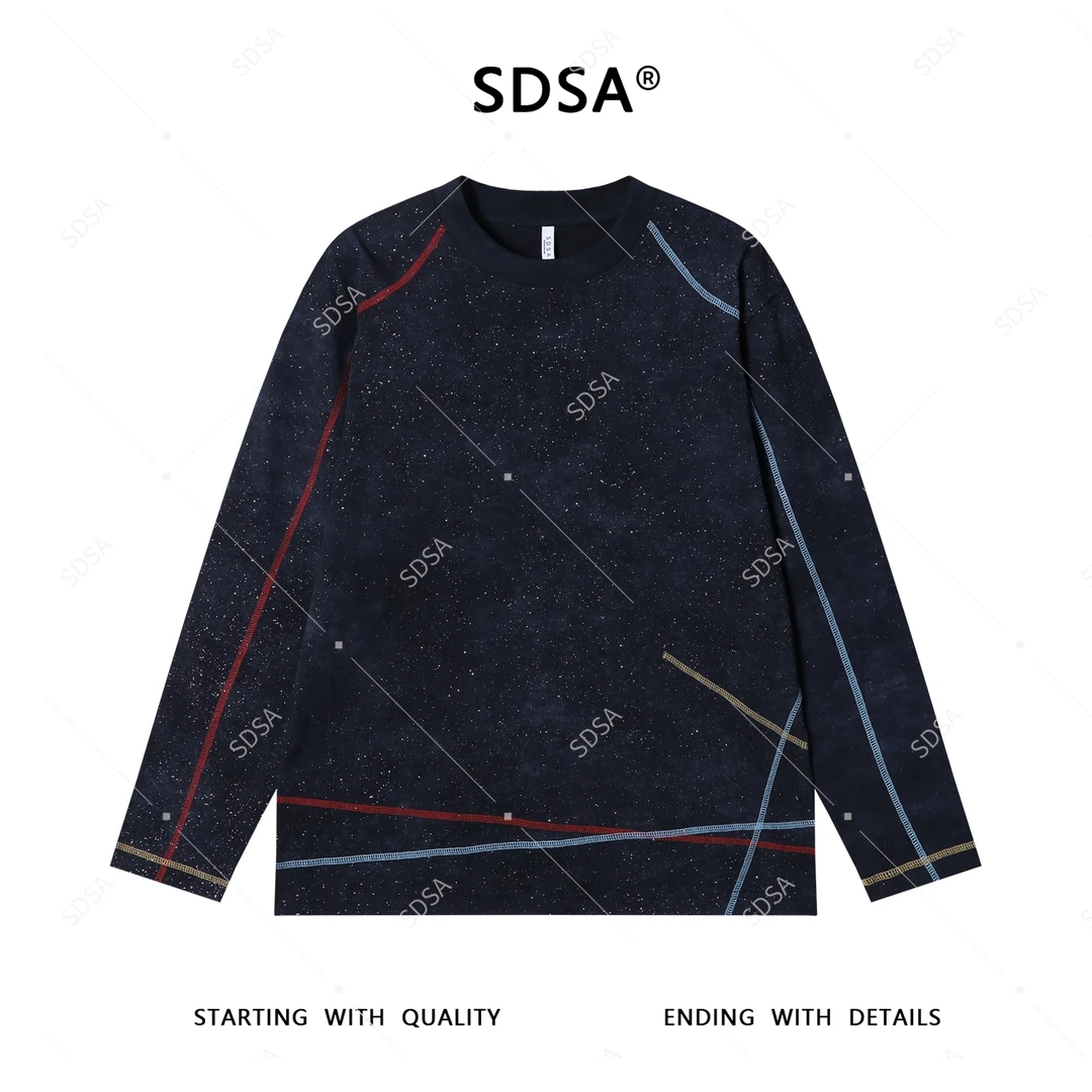 SDSA男士2025新款轻奢痞帅男装满天星彩色缝线圆领长袖T恤宽松潮