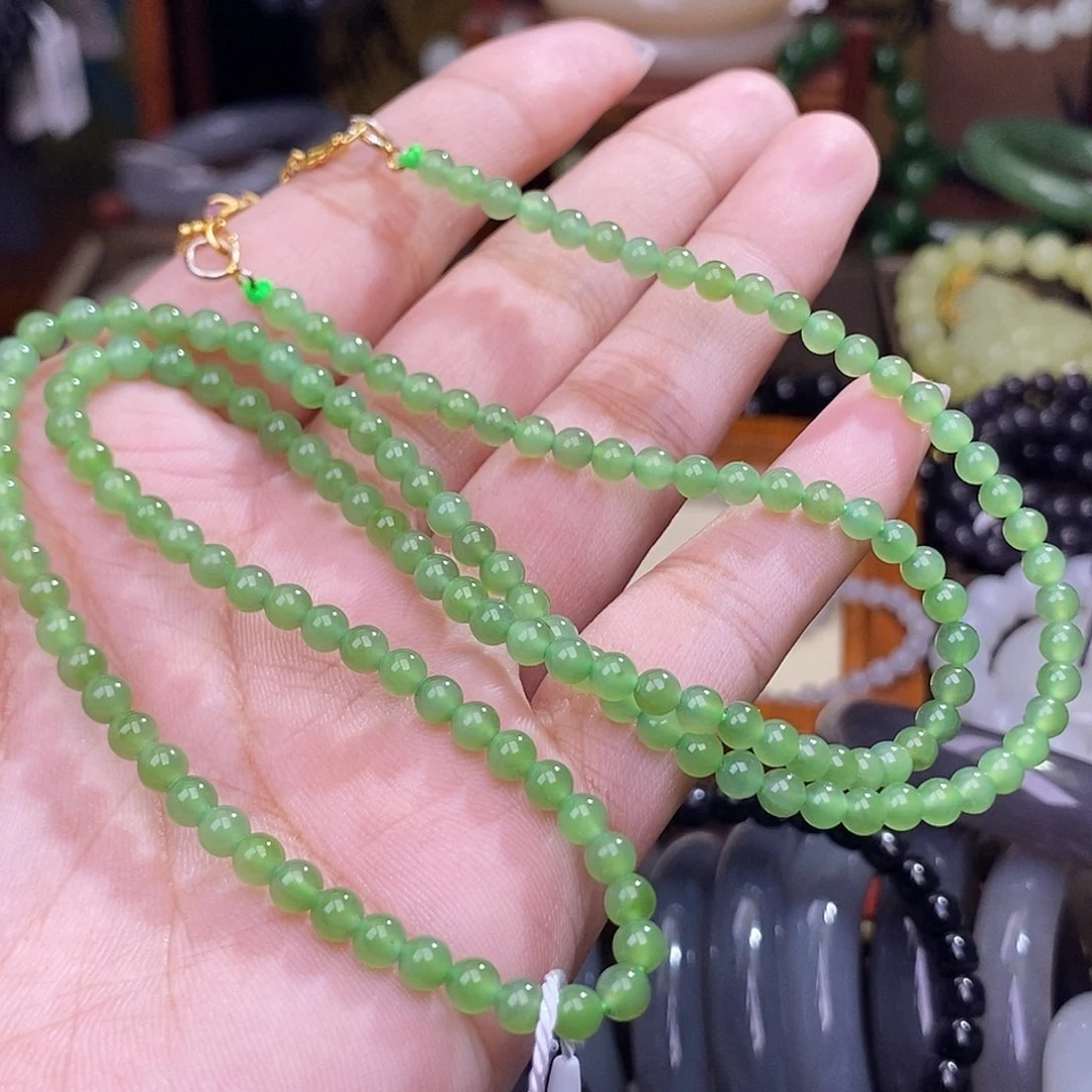 和田玉未镶嵌颈饰碧玉阳绿米珠链4mm