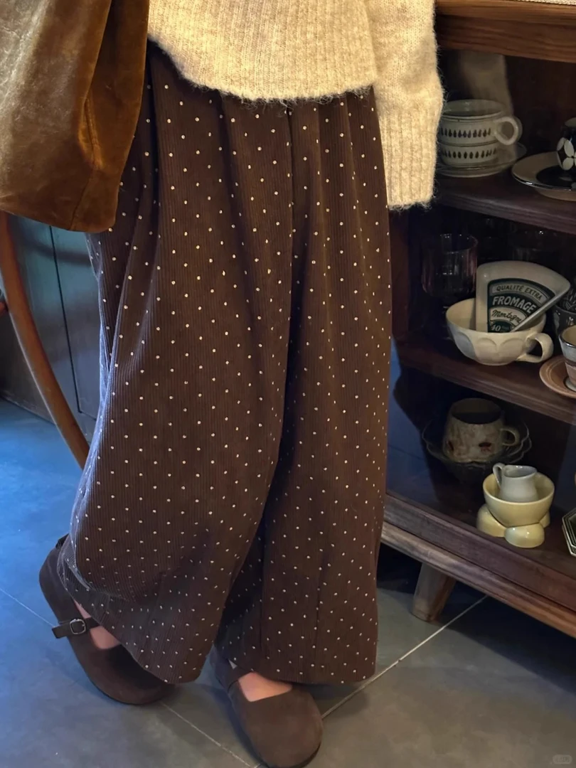 棕咖色波点灯芯绒裤子女小个子九分休闲裤大码胖mm显瘦加绒阔腿裤