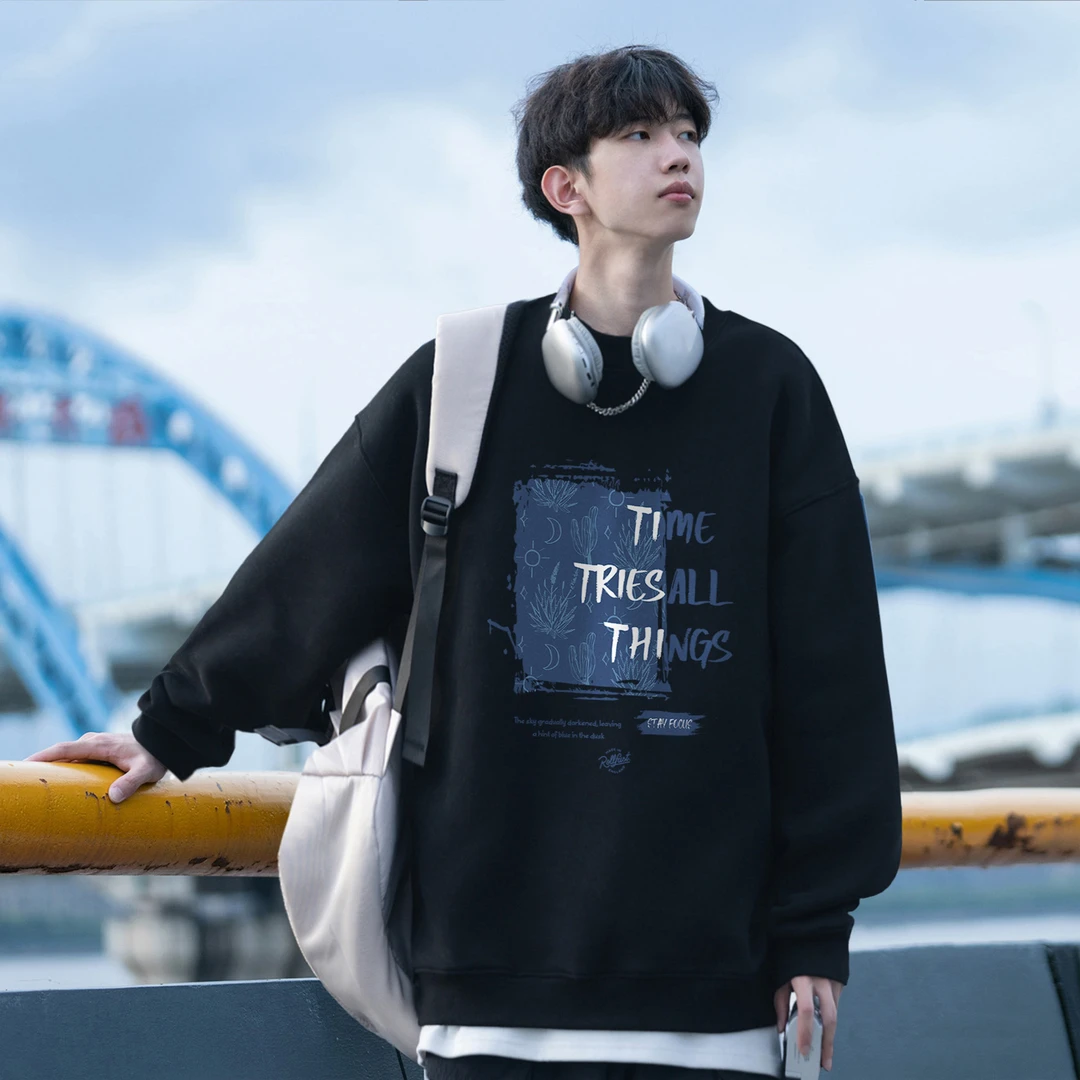 2025新款美式重磅无帽套头圆领卫衣男士秋冬加绒加厚宽潮流外套