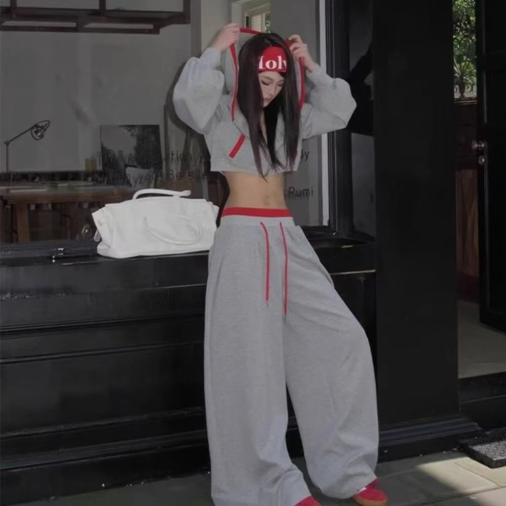 小屁Two lion/辣妹松弛大兜帽短款卫衣+打褶直筒宽松抽绳卫裤