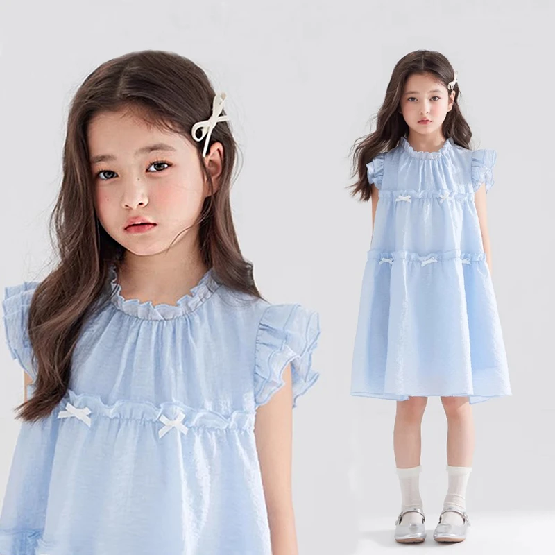 女童夏季裙子大童清新海盐蓝公主裙儿童甜美夏装背心裙沙滩连衣裙