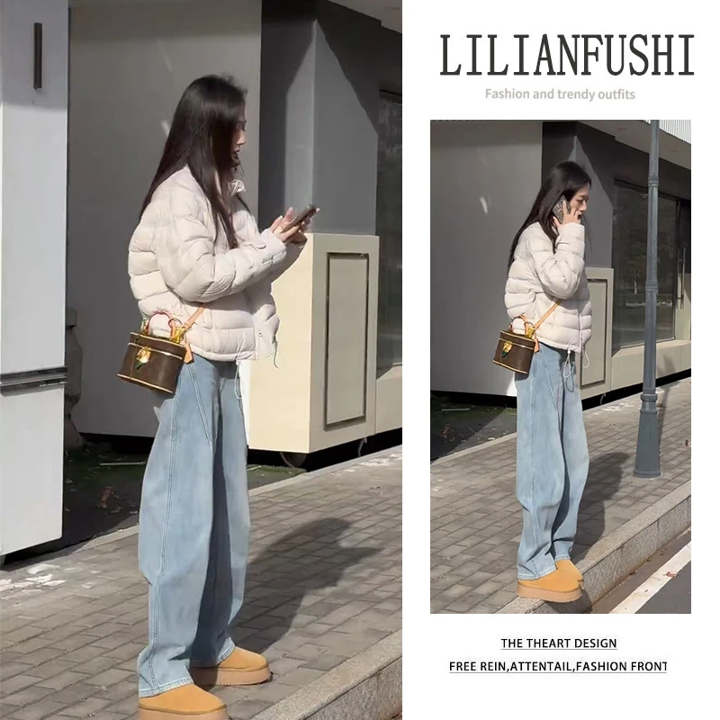 韩系氛围感穿搭冬季2025新款轻职风气质保暖棉服外套牛仔裤两件套
