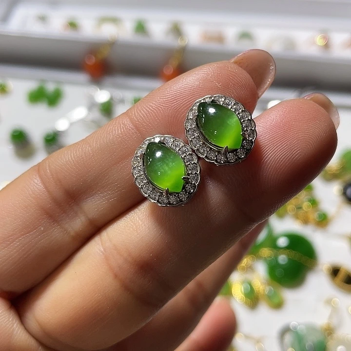 和田玉（碧玉）银S925镶嵌耳饰