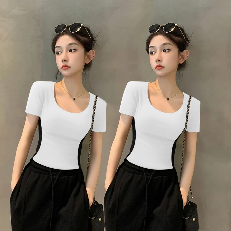 【现货速发】小众夏季U领撞色修容显瘦短袖T恤小众打底基础款上衣女