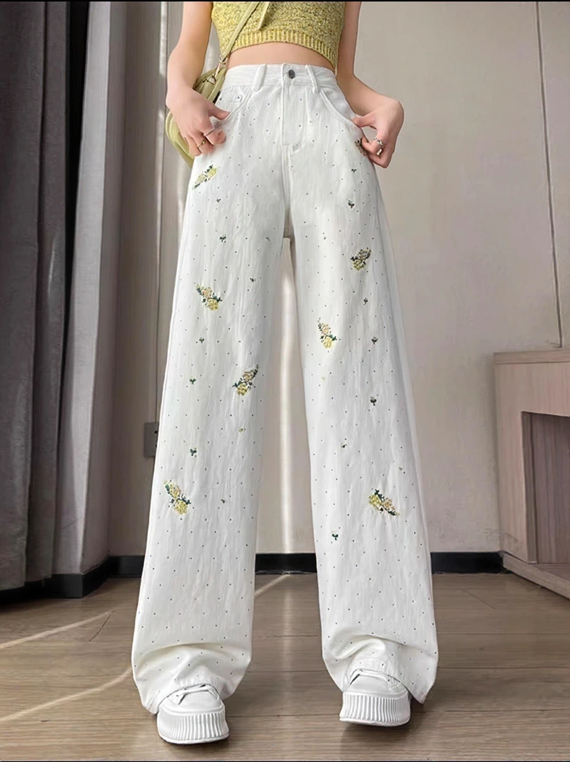 新款韩版高腰显瘦桶裤设计感百搭休闲烫钻印花直筒牛仔裤