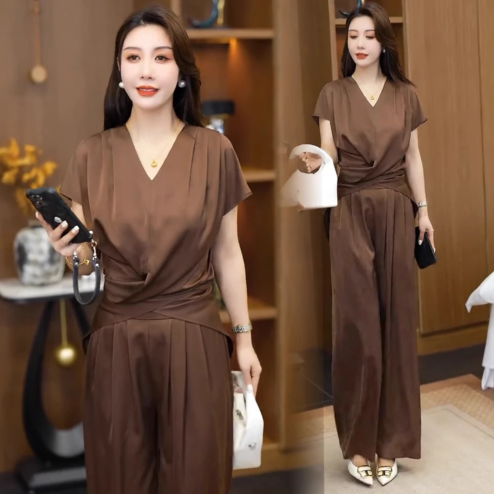 2025夏季新款时尚套装女洋气质V领收腰显瘦短袖上衣阔腿裤两件套