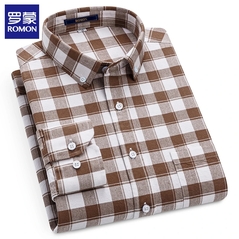 罗蒙春秋款男士商务休闲格子衬衫100%全棉牛津纺长袖条纹高档衬衣