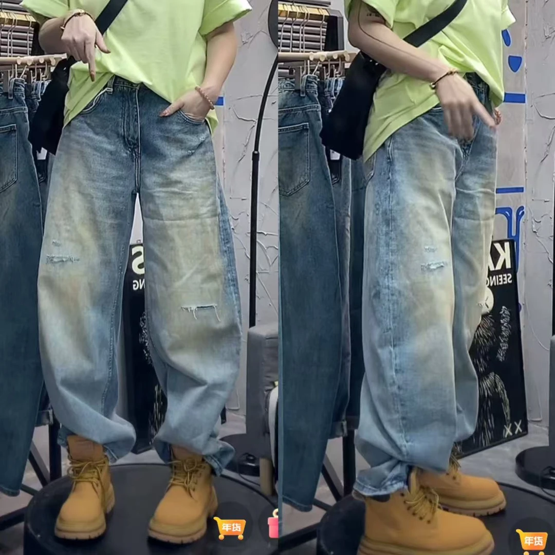 （制U）重工洗水假破洞新年款不加绒早春复古香蕉型牛仔裤