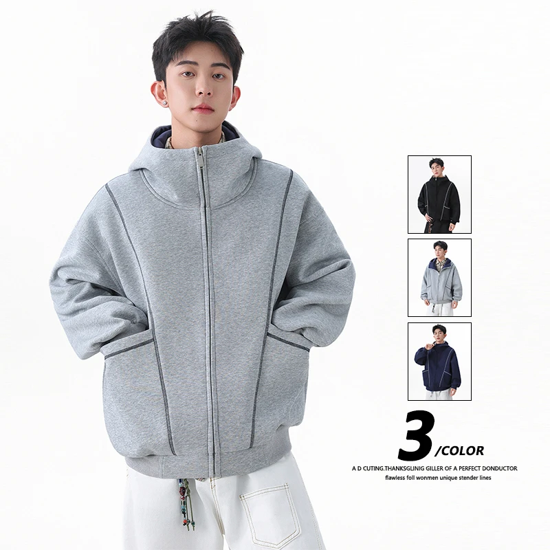 美式复古半高领开衫卫衣连帽女男春季廓形明线慵懒风拉链短款外套