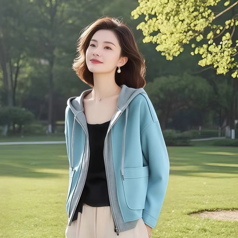 韩系设计感长袖连帽短外套女春秋季2025新款时尚宽松休闲短款上衣