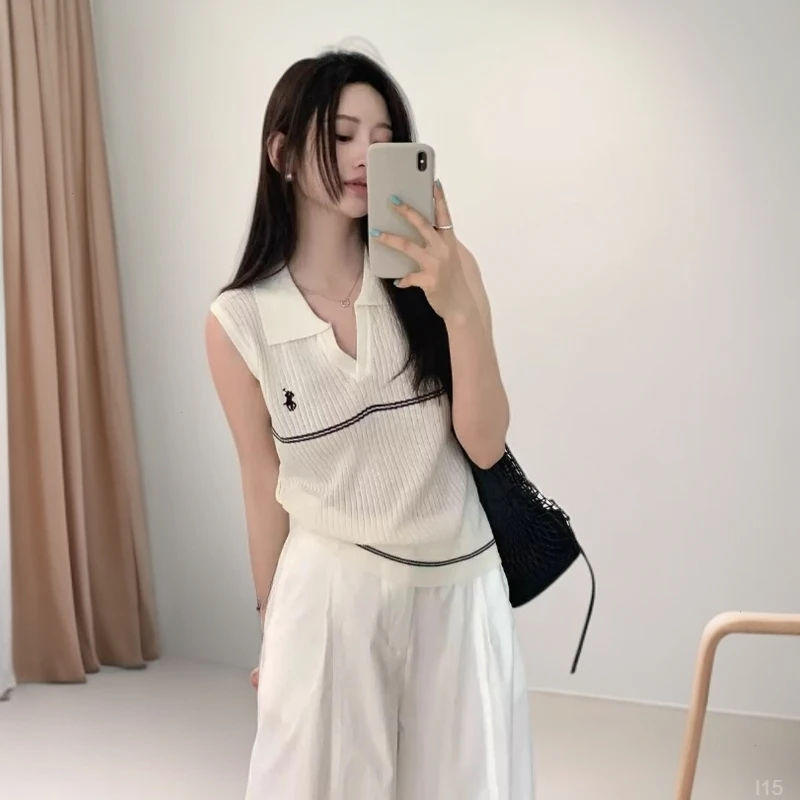 韩系简约POLO领刺绣坑条设计感条纹衫T恤女2025夏季显瘦百搭上衣