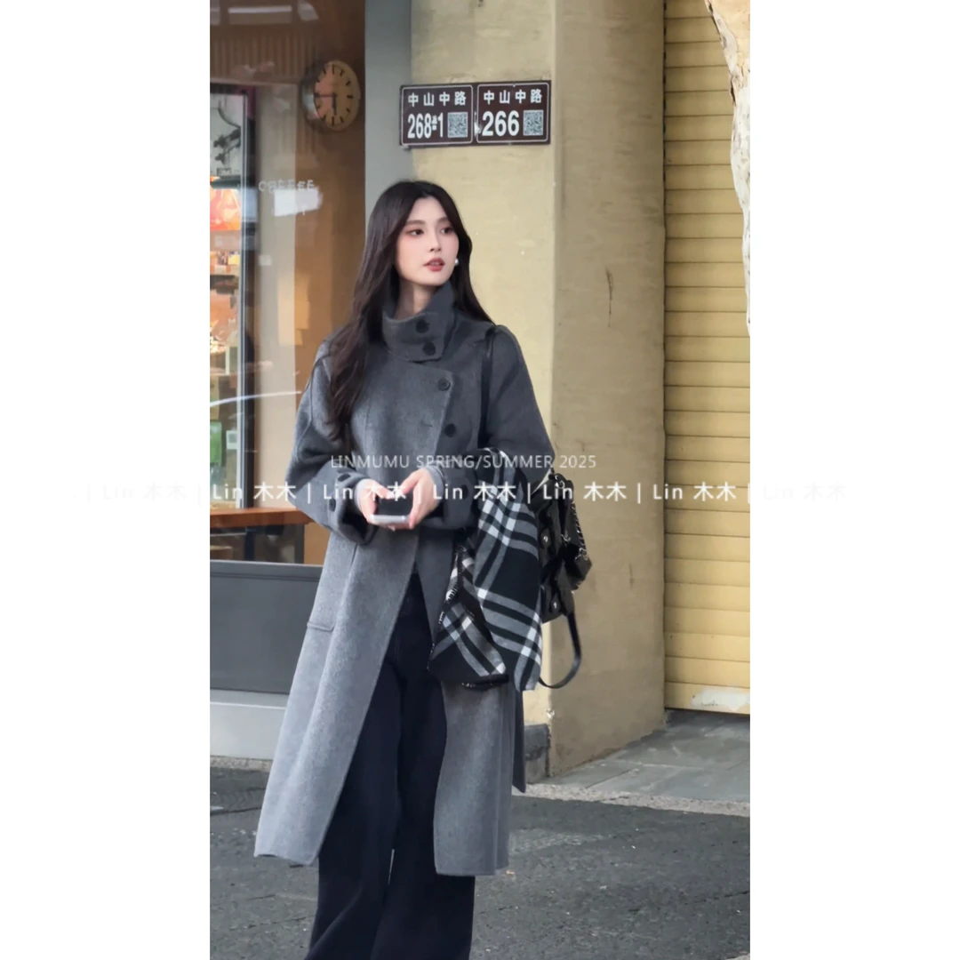 XYM双面羊毛大衣不规则饼干扣设计款腰带立领毛呢韩版气质秋冬