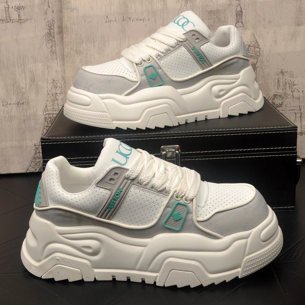 百搭爆款男士厚底松糕男鞋子真皮透气板鞋潮流韩版内增高小白鞋