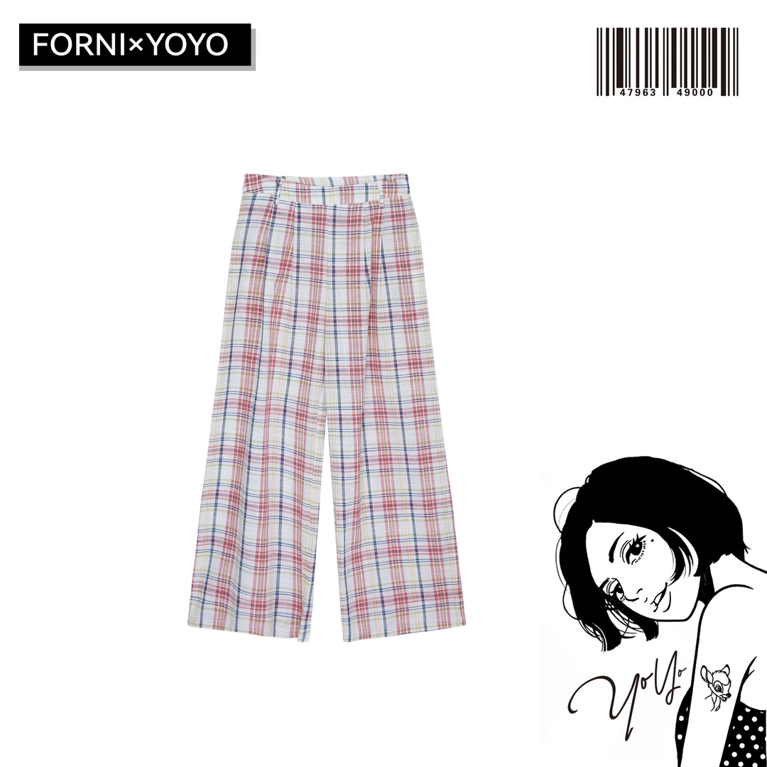 6月12日16:00 FORNI 甜格少女 100全棉粉色宽松阔腿格子裤