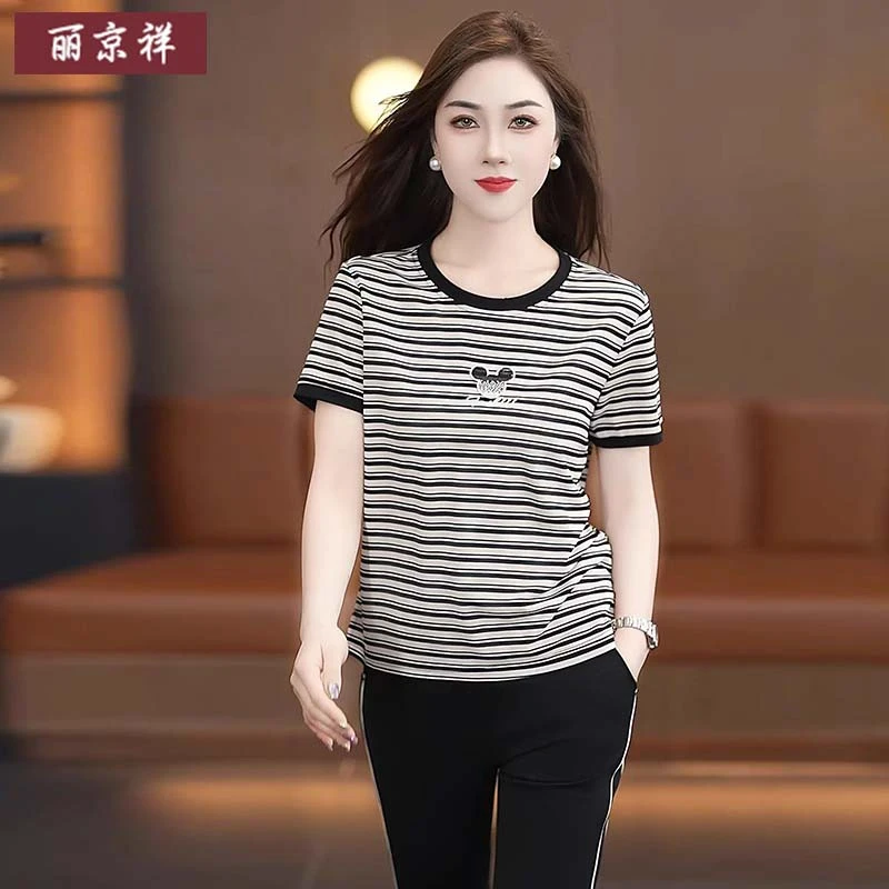 黑白条纹运动套装女夏季2025新款时尚洋气圆领短袖长裤休闲两件套