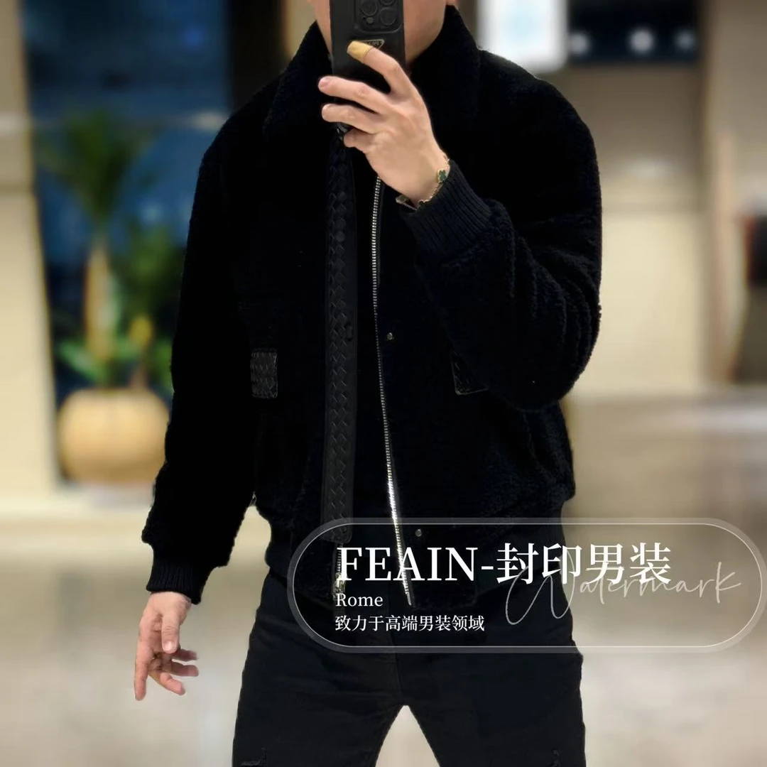 【100%羊毛】高端定制男士全羊毛手工编织真皮夹克25182