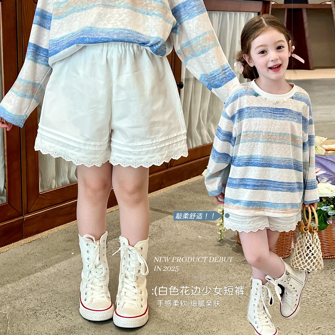栀了成长记童装女童宽松百搭短裤夏季2025新款上衣时髦蕾丝边热裤