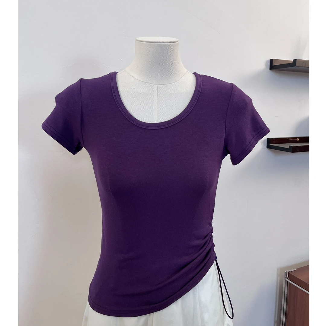 （6-8运贴）甜辣风可调节抽褶短袖T恤夏季简约修身U领正肩上衣女