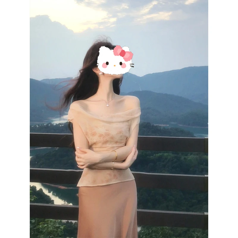 【琉璃折纸】气质浪漫小清新荡领斜肩碎花收腰上衣鱼尾半身裙套装