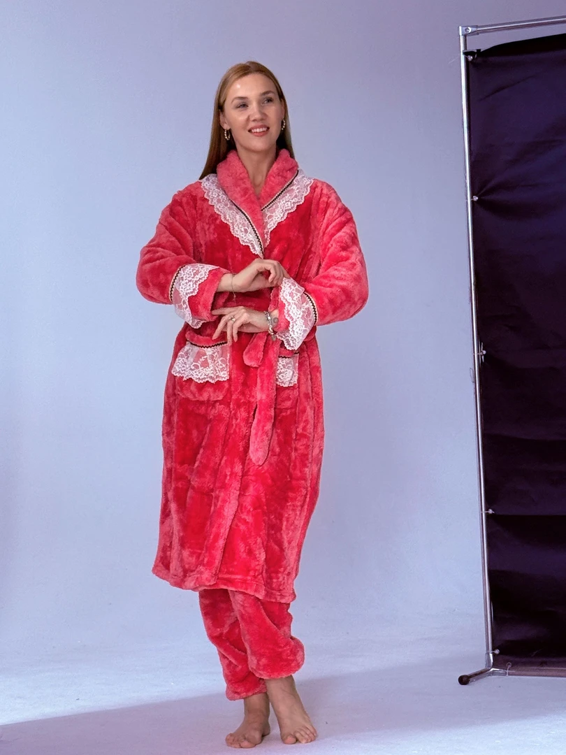 睡袍女秋冬季加厚加绒套装花边纯色浴袍长款家居服晨袍