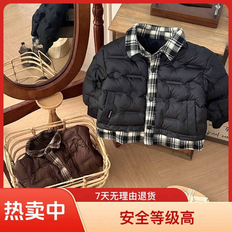 2025秋冬新款男童潮童羽绒服外套中大童假俩件羽绒服百搭校服神器