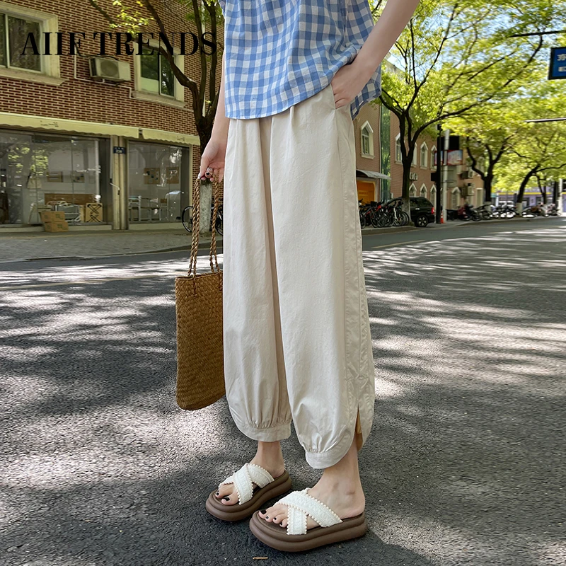 美式高腰灯笼裤女夏季薄款小个子冰丝松紧宽松直筒休闲九分哈伦裤