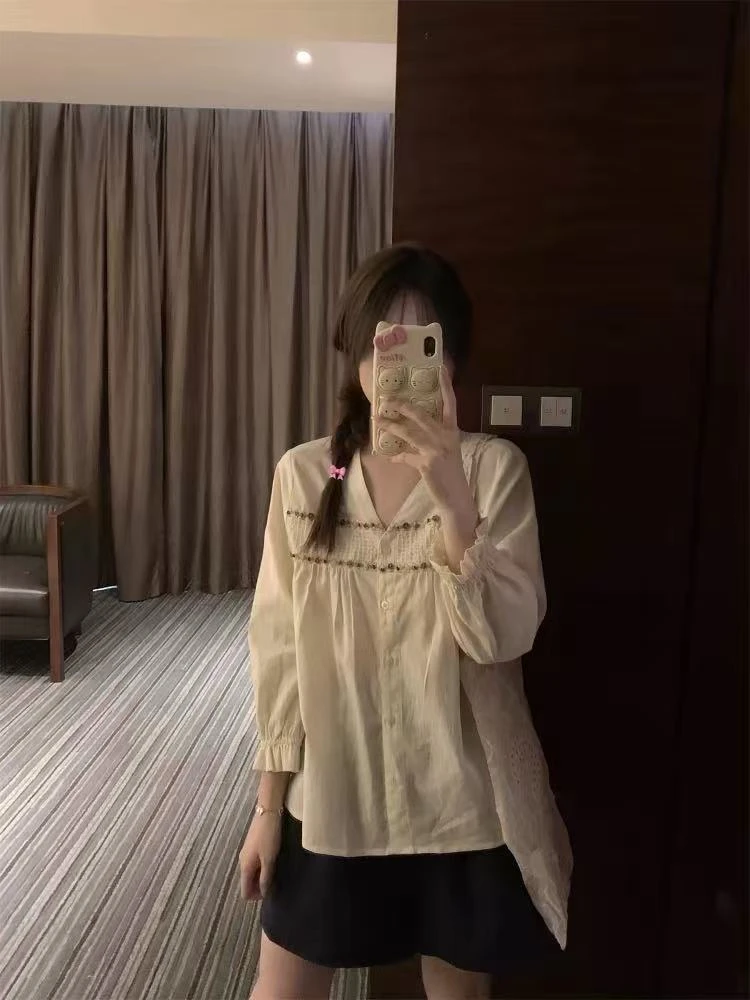 法式花边拼接九分袖衬衫女新款宽松休闲防晒开衫早秋上衣110