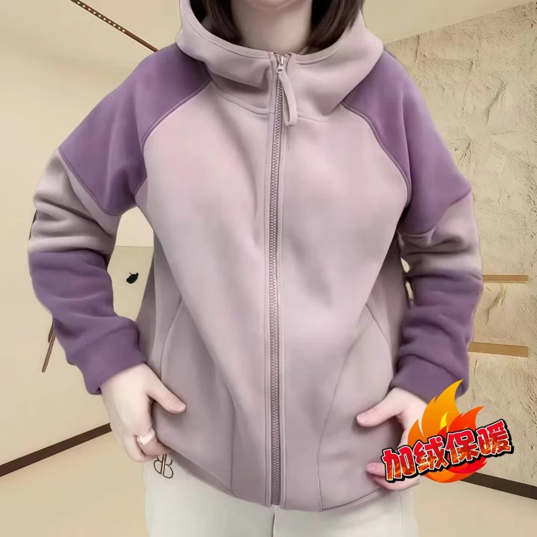 冬季新款女士上衣连帽外套加绒加厚百搭休闲防风撞色双面奥利绒