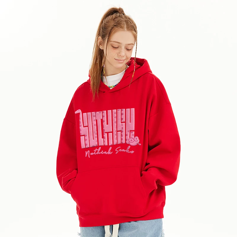 NUTHINK蛇年春节红色男女情侣连帽卫衣高街潮牌宽松字母印花D2025