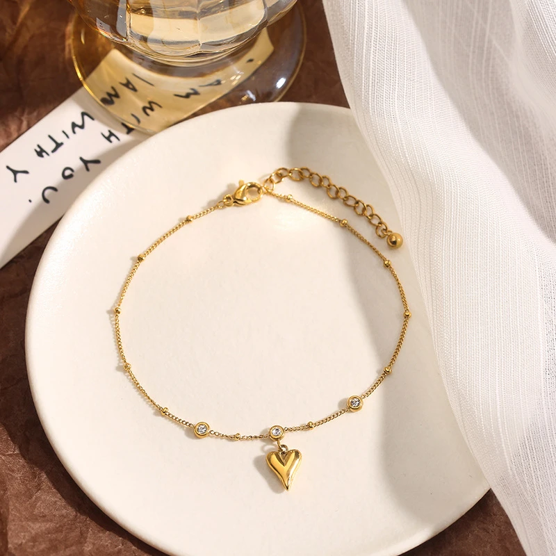 铜合金锆石脚链 新款金色爱心女潮森系小众设计闺蜜不掉色时尚