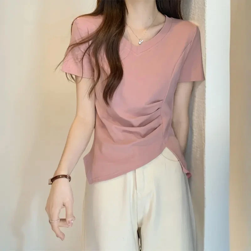 气质短袖正肩修身显瘦上衣夏季洋气韩版高腰纯色t恤设计感上衣ins