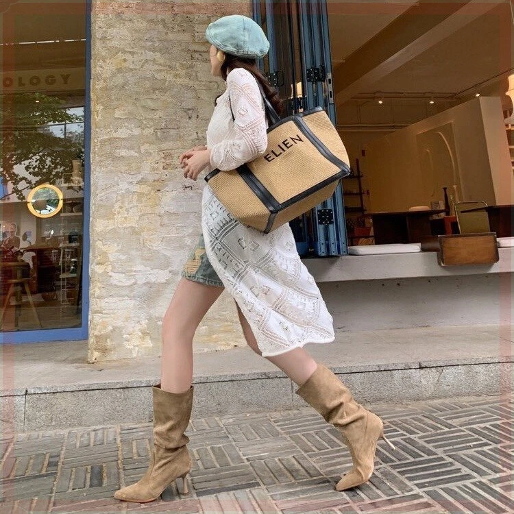 宋熙熙百搭短筒堆堆靴细跟高跟西部牛仔靴短靴女杏色显瘦中筒靴子