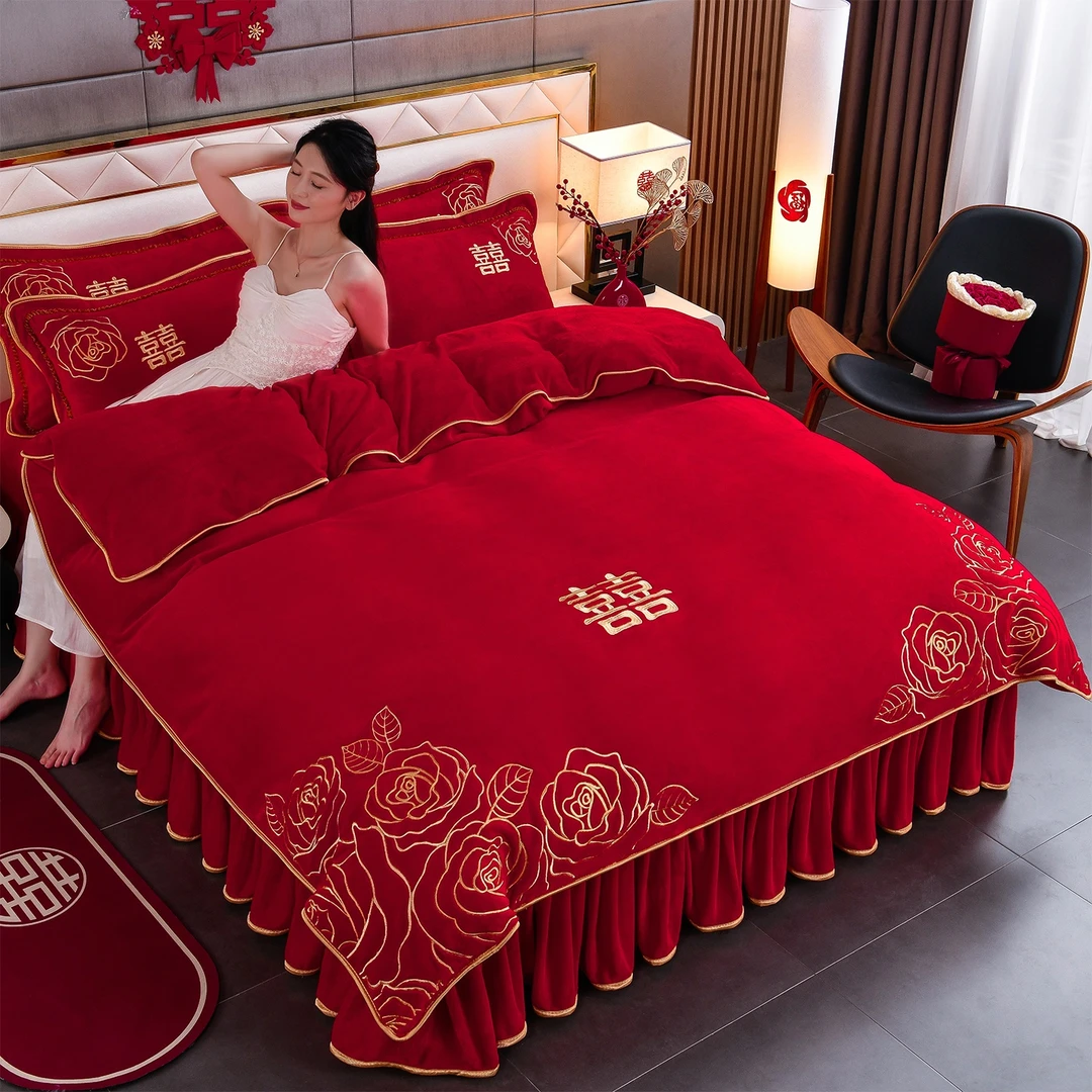 轻奢高端结婚婚庆牛奶绒绣花四件套冬季加绒加厚大红色婚房喜被
