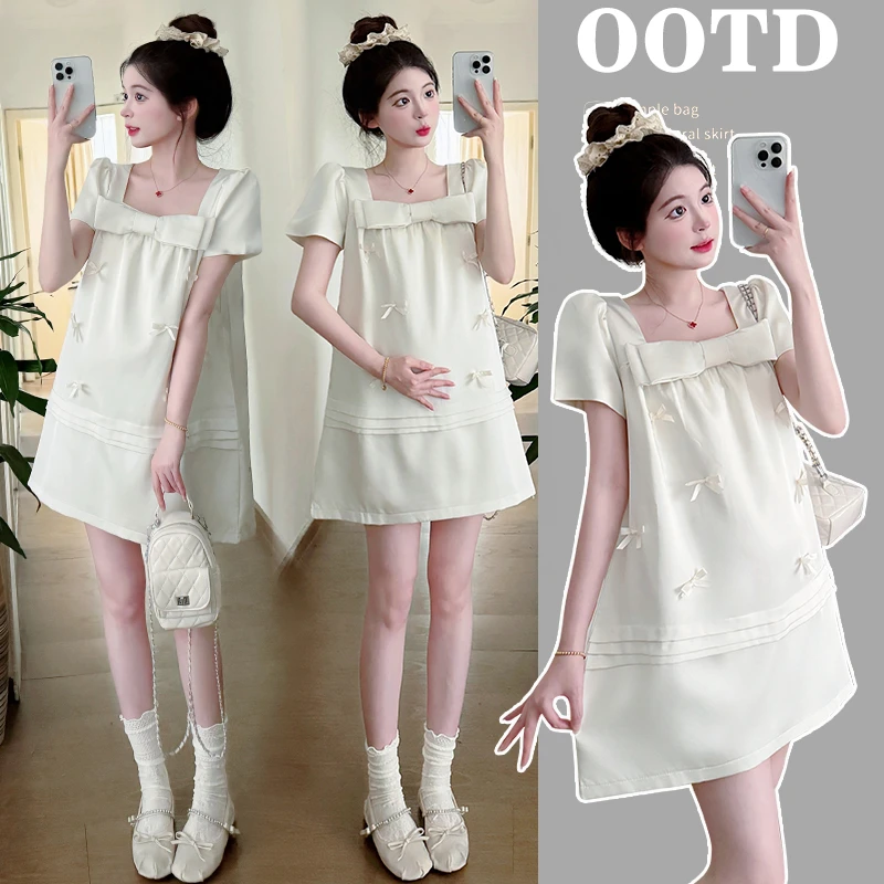 夏季新款孕妇连衣裙时尚气质法式小个子蝴蝶结方领减龄显瘦连衣裙