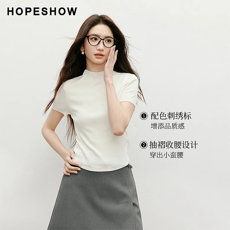 红袖2025夏季新款女装 刺绣标抽褶收腰套头中袖针织衫90125090106