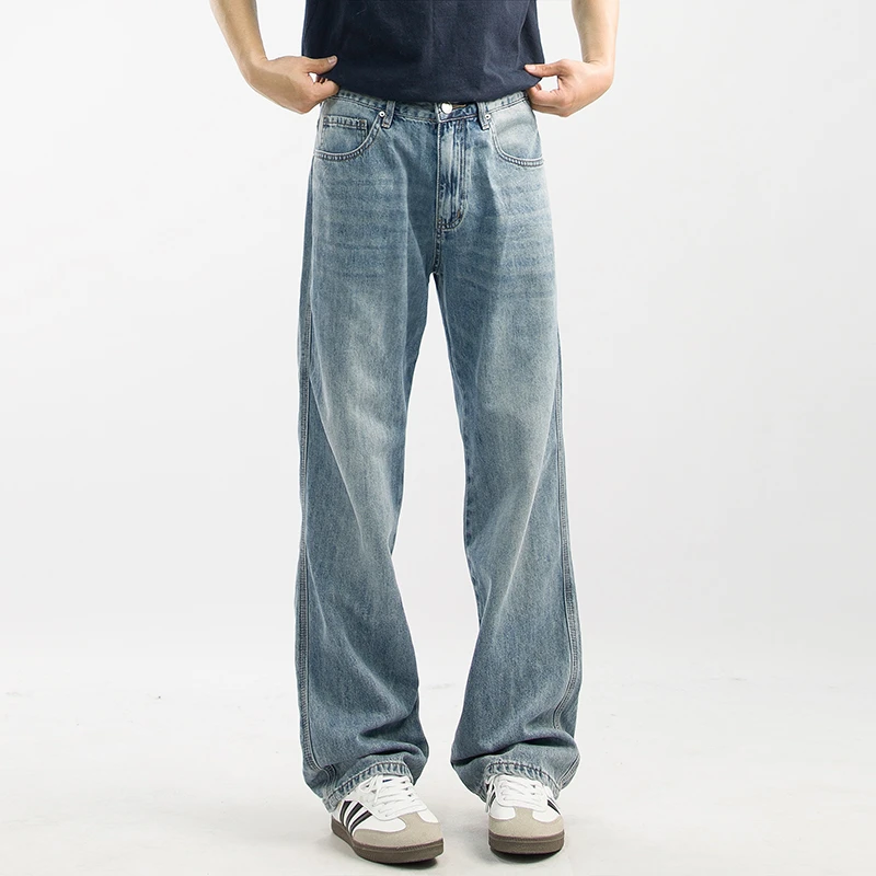 25夏季薄款冰蓝色牛仔裤子男生日系宽松休闲裤美式复古cleanfit潮