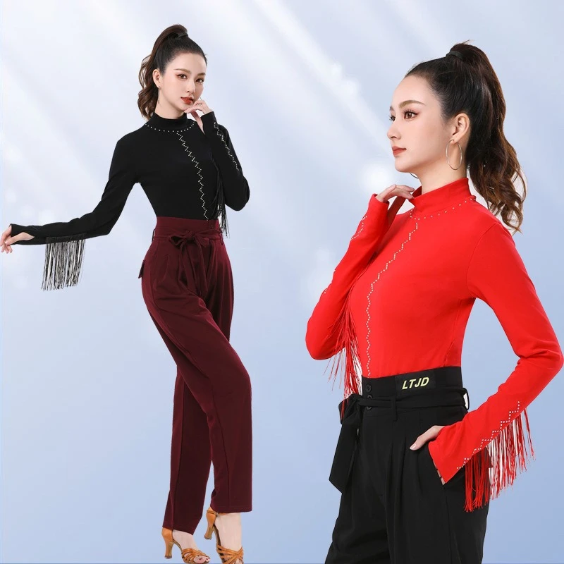 春季新款广场舞上衣伦巴舞蹈服拉丁舞交谊舞演出服流苏镶钻高领女