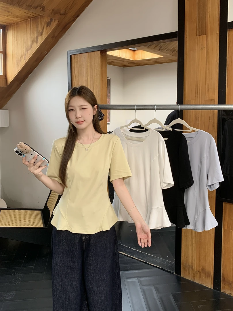 清长2025夏季胖mm大码修身收腰显瘦短袖T恤荷叶边不规则上衣64929
