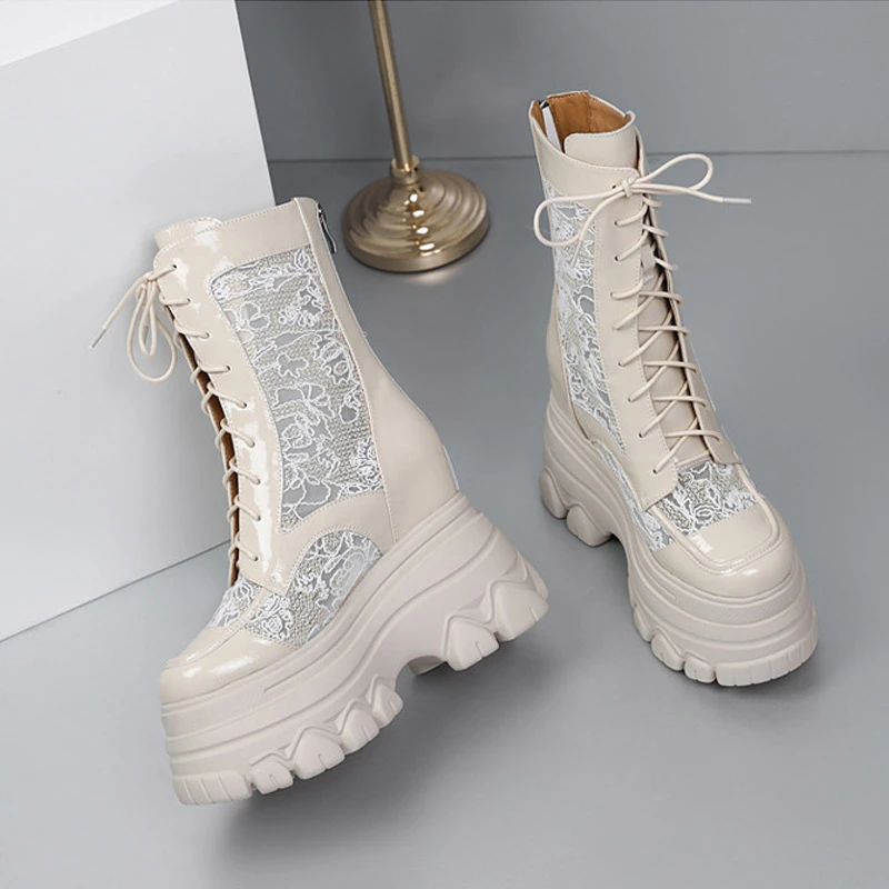 【真皮】12cm夏季内增高透气网布中筒凉靴女亮皮休闲小个子厚底松糕