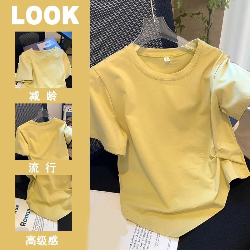 大码复古港风不规则下摆遮肚短袖t恤女夏季正肩百搭显瘦休闲上衣
