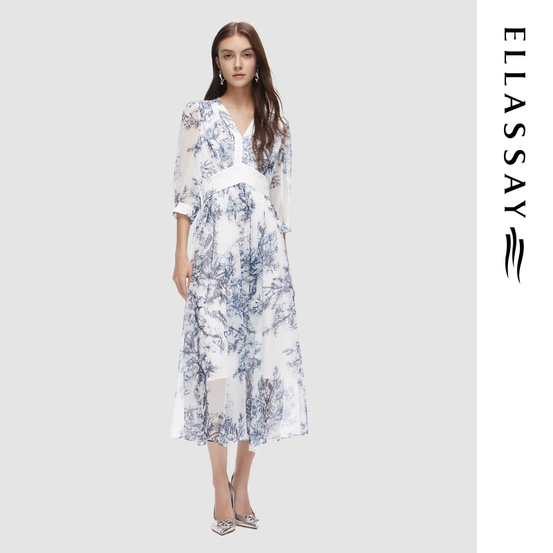 ELLASSAY歌力思国风水墨优雅印花气质时尚连衣裙EWD353Y10100