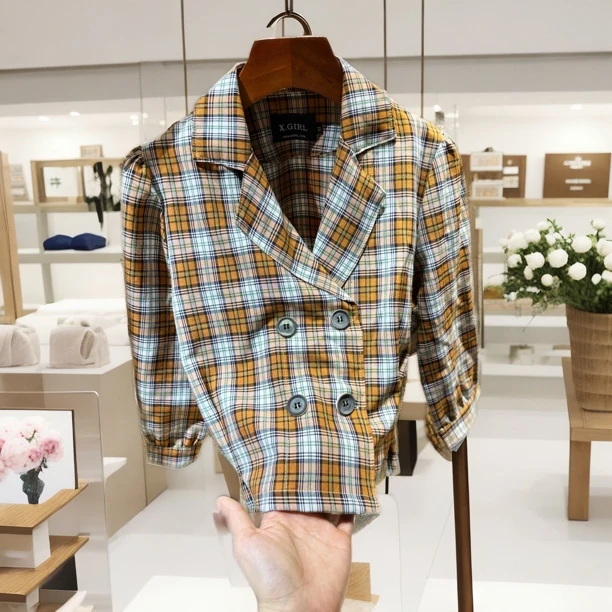 1197小个子专属 显高法则 短款裁剪立体肩线 半袖格子西装