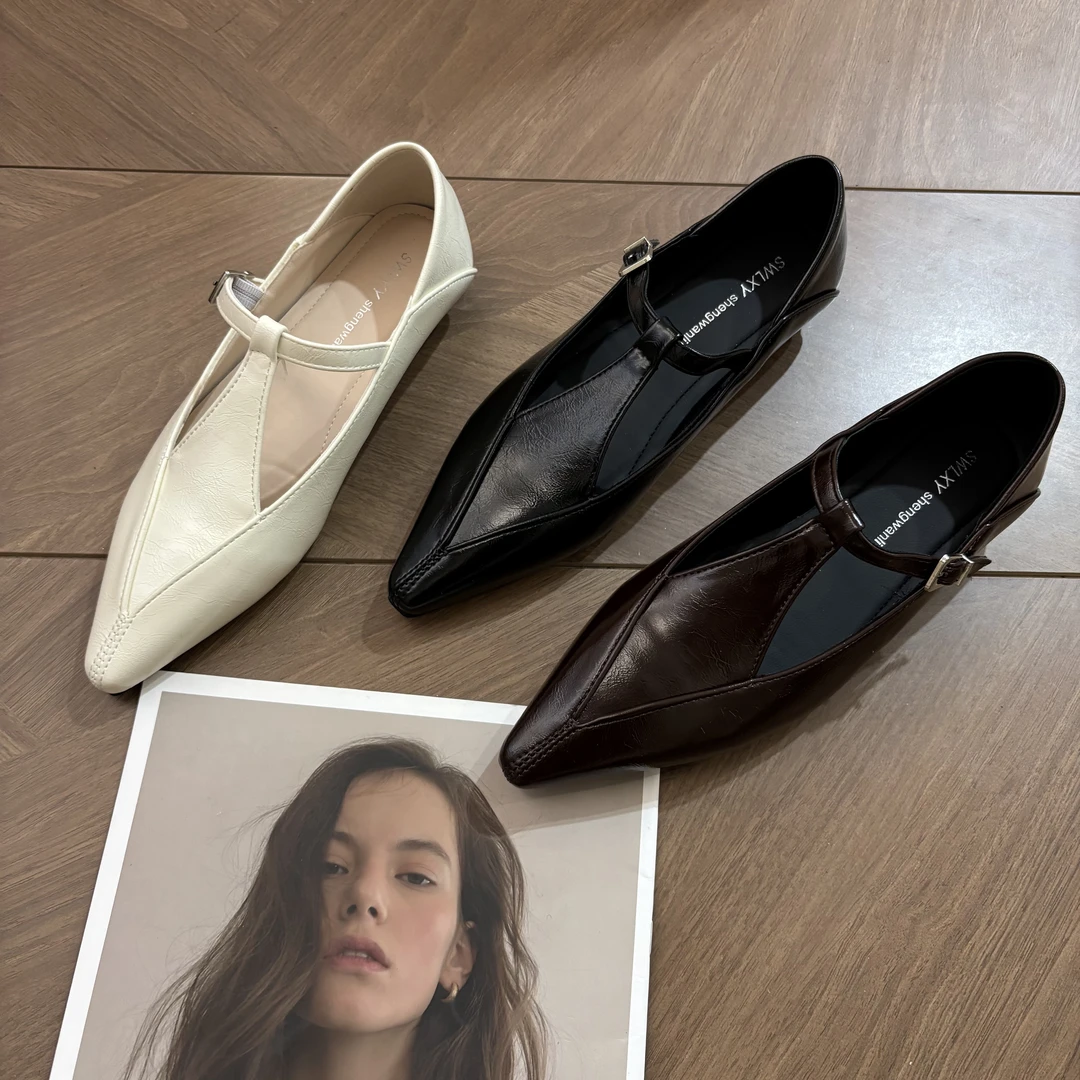 复古玛丽珍女鞋韩版法式尖头浅口一字带粗跟小皮鞋丁字型女鞋