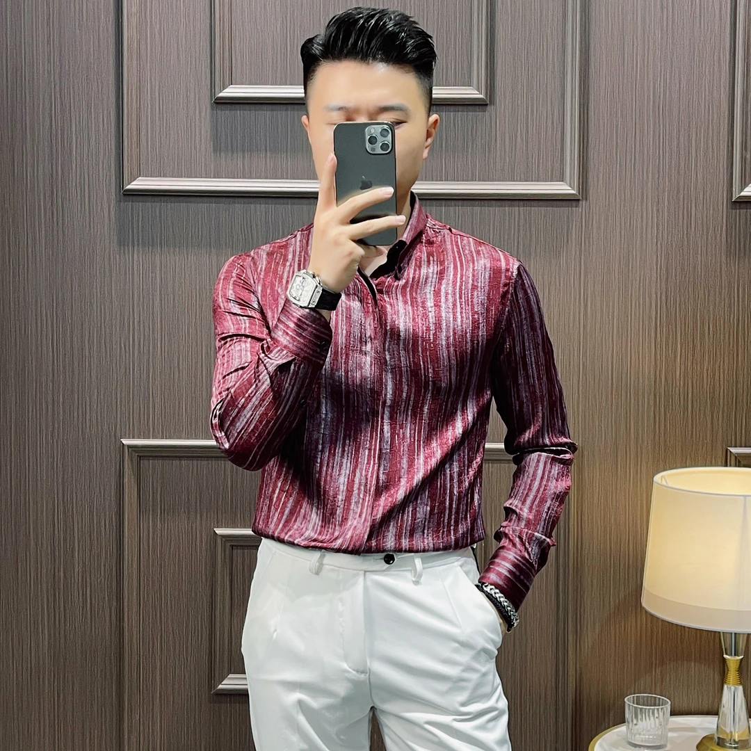 男士条纹修身网红长袖衬衫痞帅个性秋季性感风衬衣休闲百搭帅气