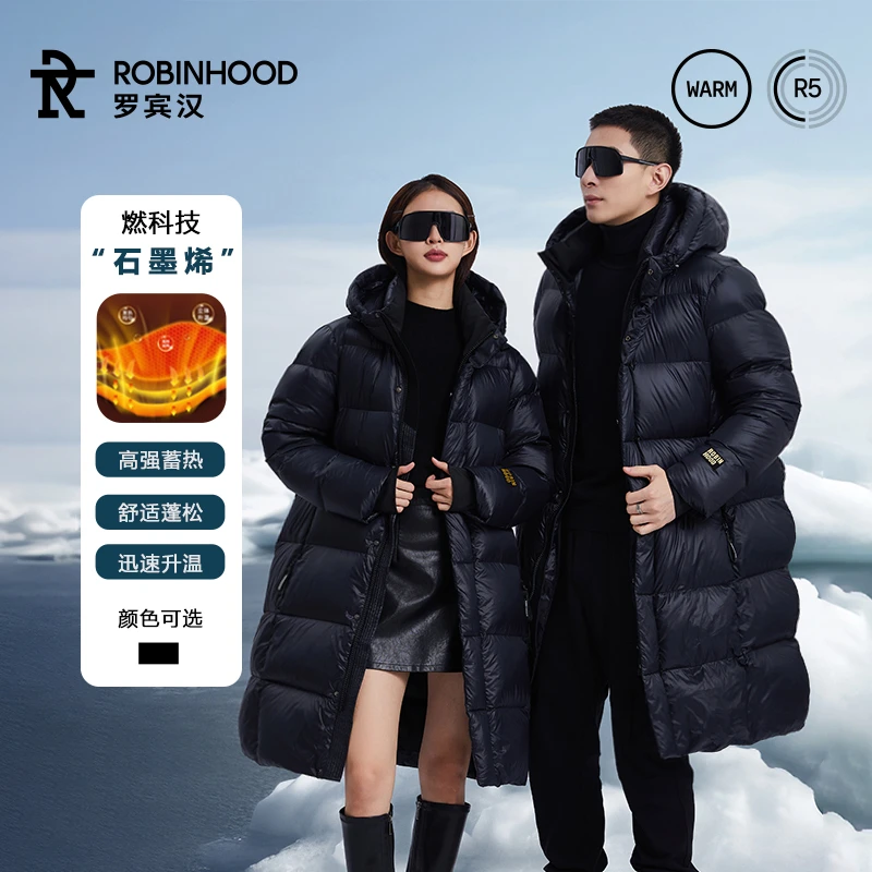 618 罗宾汉黑色金标情侣款鹅绒连帽长款羽绒服-R038Y61006A