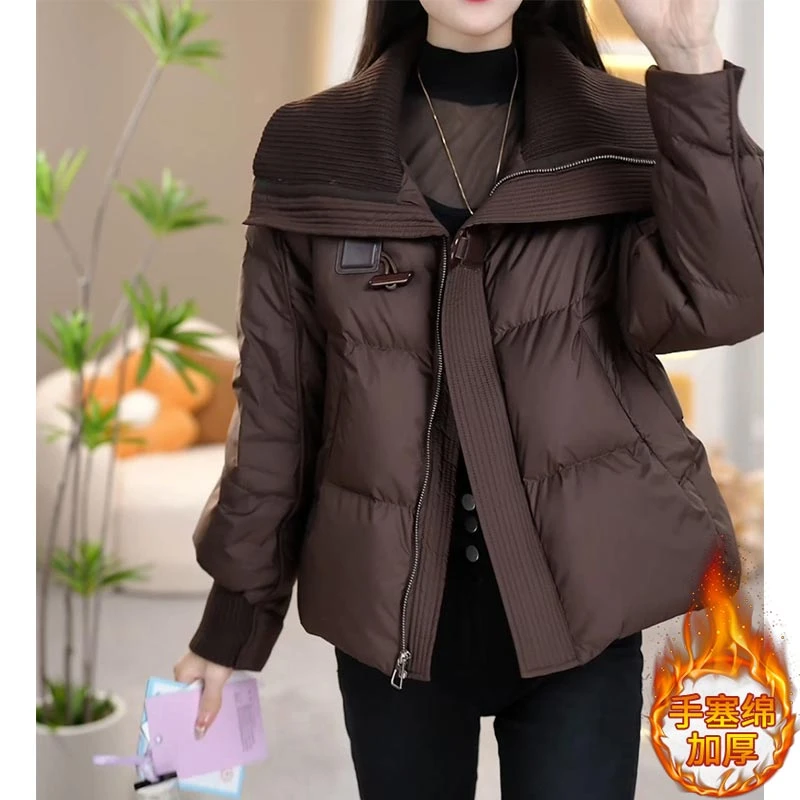 韩版纯色拼接翻领棉服女2025年冬季新款时尚洋气爆款保暖短款外套