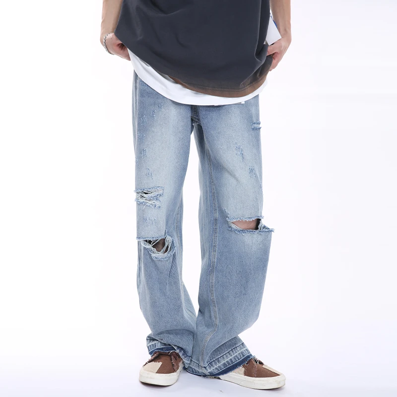 Voguo Relay夏季阔腿破洞牛仔裤韩版中腰宽松拖地直筒裤男女同款